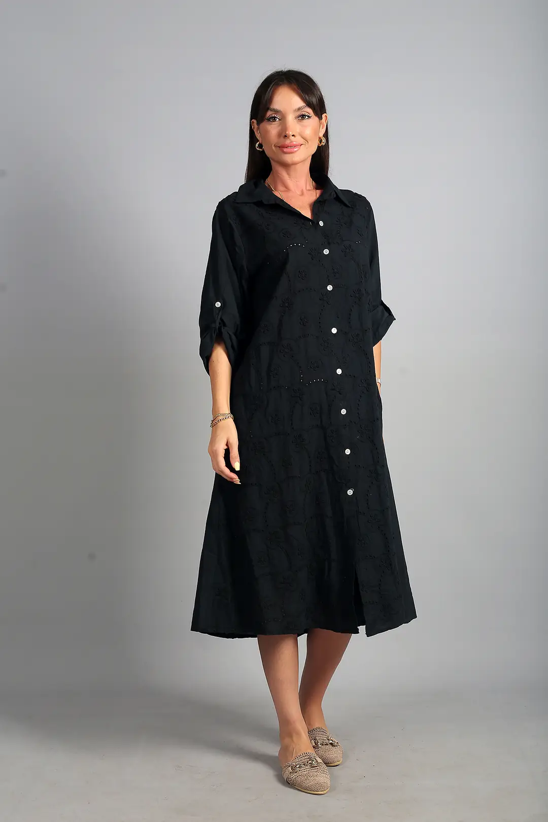 Kadın İtalyan Cotton Cepli Kabartma Çiçek Nakış İşlemeli Oversize Uzun Elbise 2