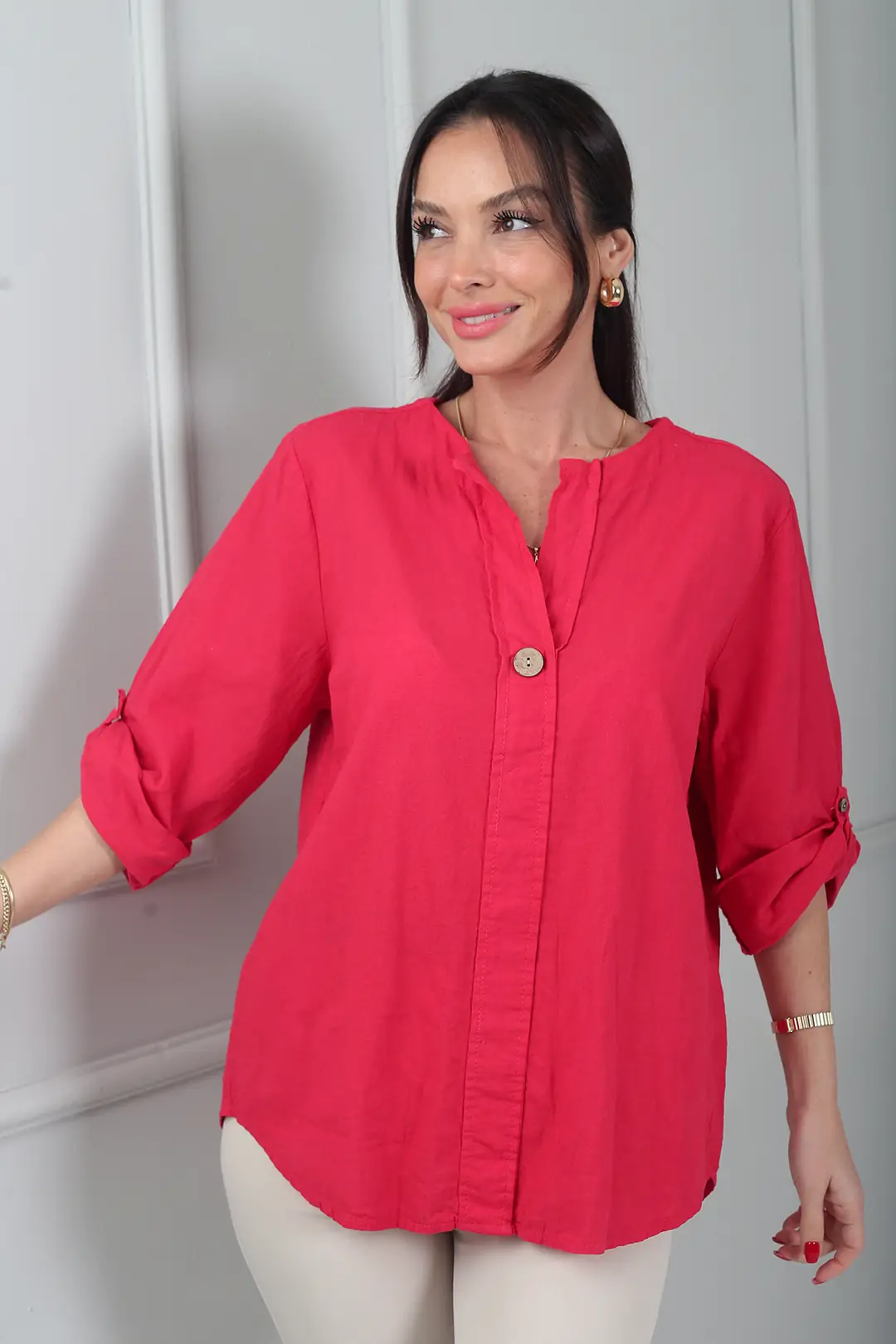 Kadın Düğme Detaylı İtalyan Cotton Oversize Bluz - Koyu Pembe