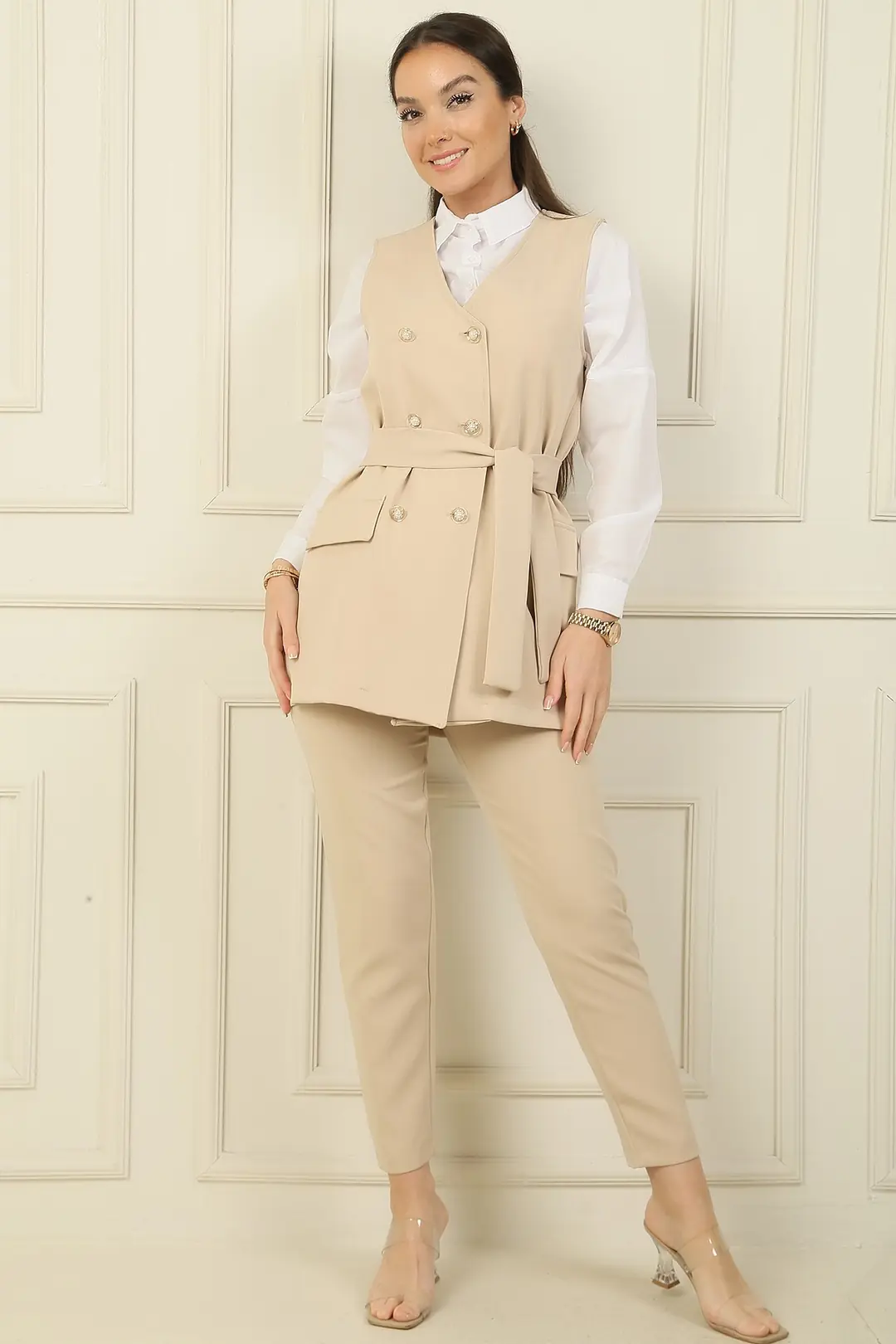 6 Düğmeli Sahte Cepli Kuşaklı Yelek Beli Lastikli Dar Paça Pantolon 2'li Takım 4