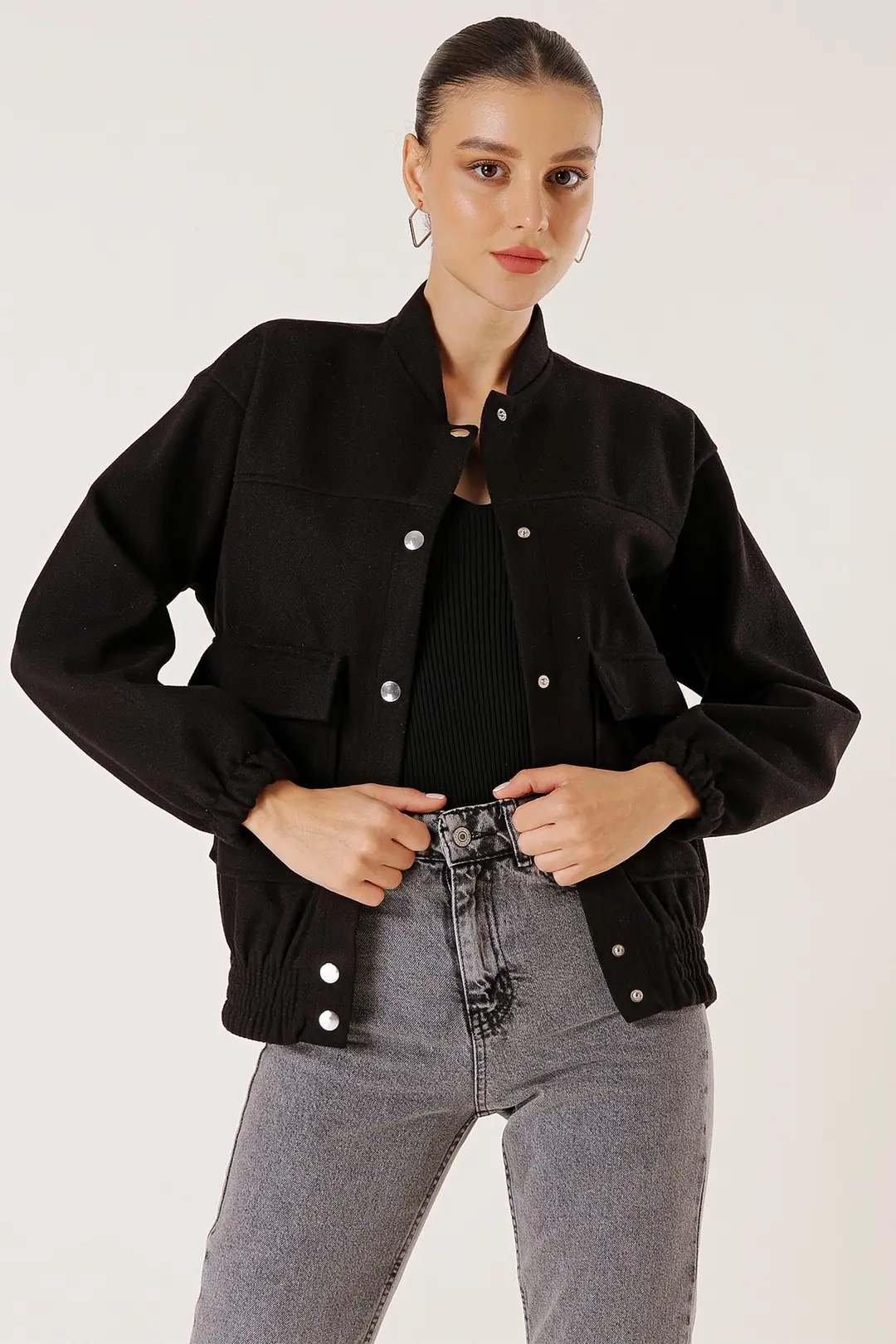 Beli Lastikli Torba Cepli Kaşe Bomber Mont - Siyah