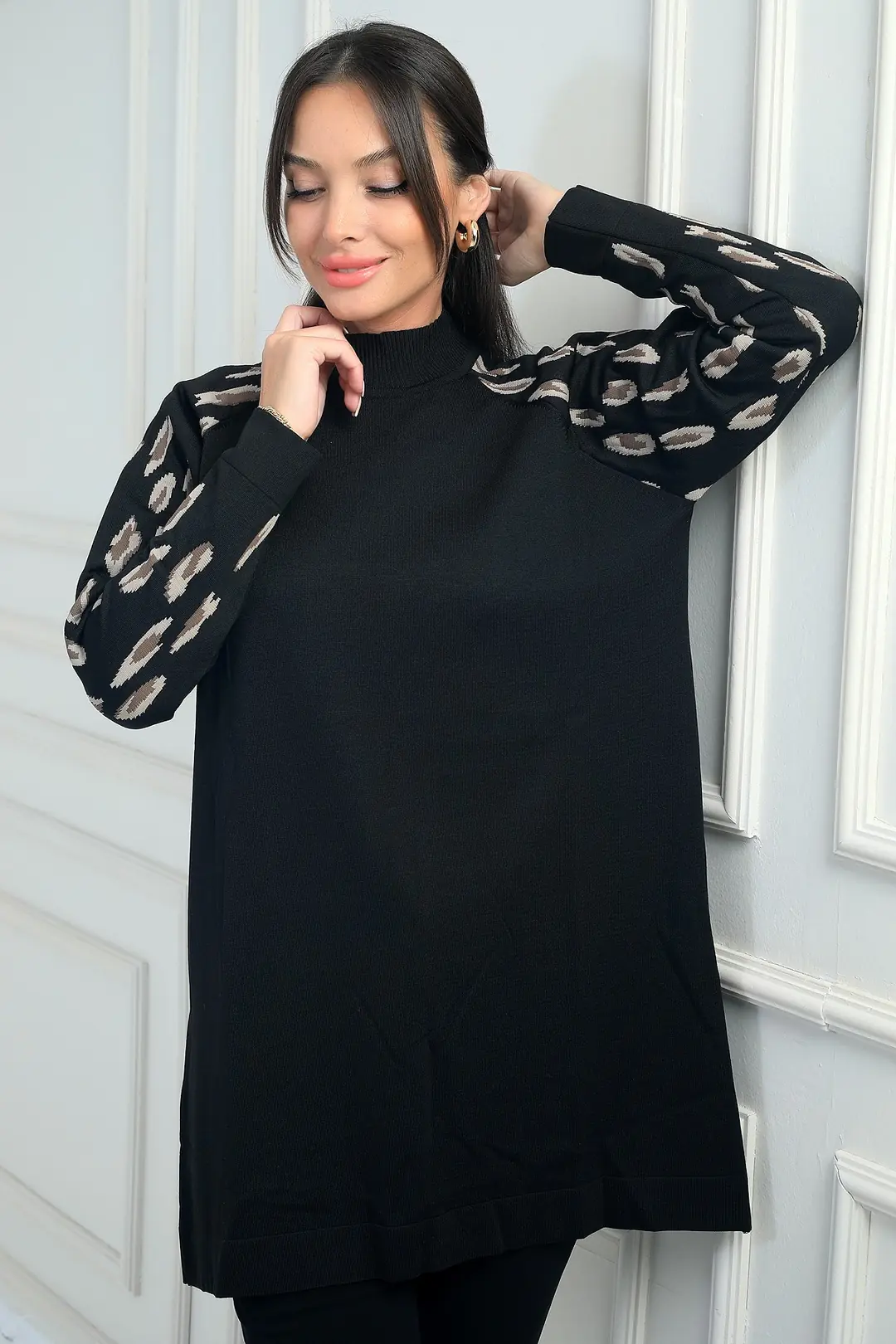 Kadın Kolları Desenli Balıkçı Yaka Tunik 2