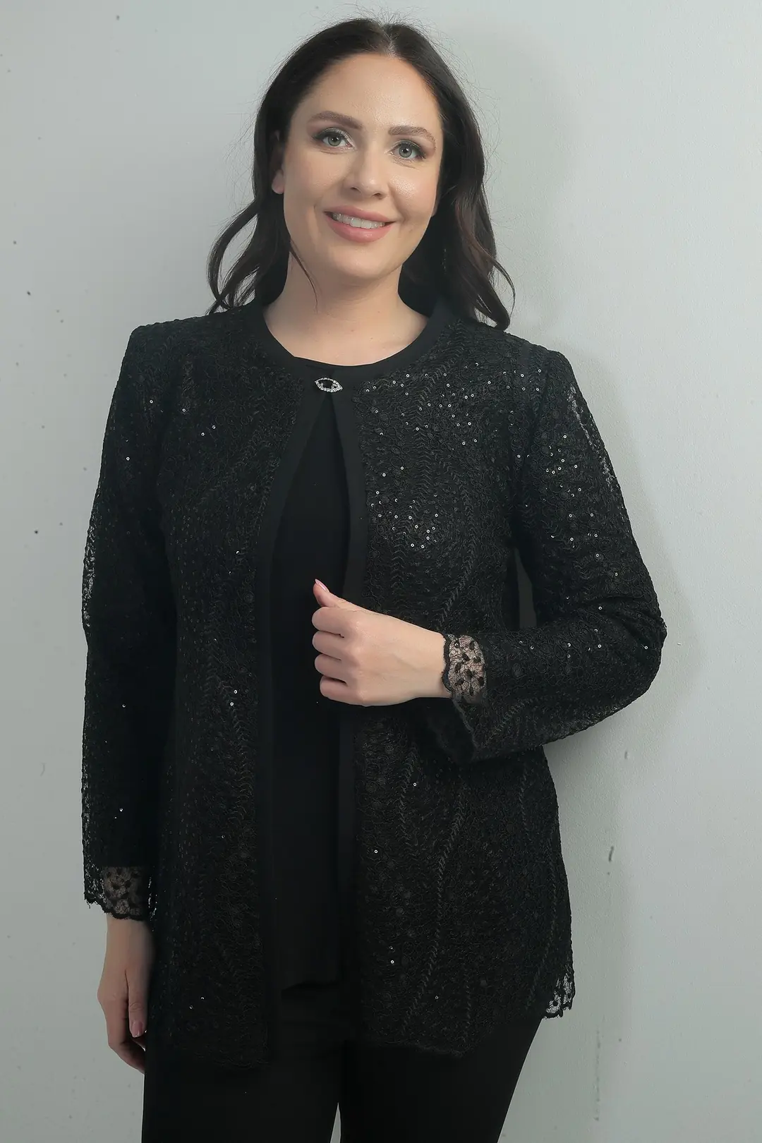 Kadın Uzun Kollu Bluz Pul İşlemeli Dantel Ceket Büyük Beden 2'li Takım 1