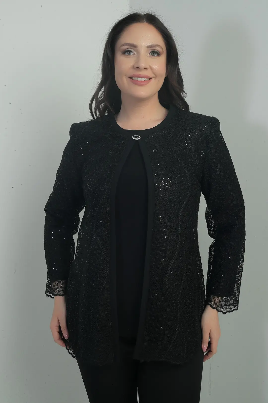Kadın Uzun Kollu Bluz Pul İşlemeli Dantel Ceket Büyük Beden 2'li Takım 2
