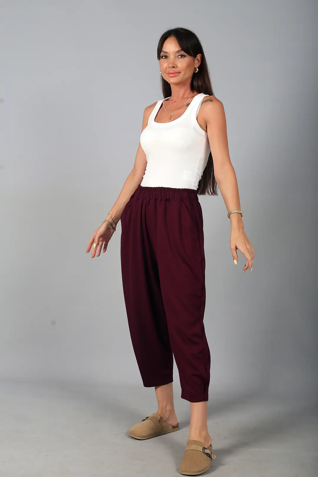 Kadın Beli Lastikli Cepli Paça Tutturmalı Modal Pantolon 2