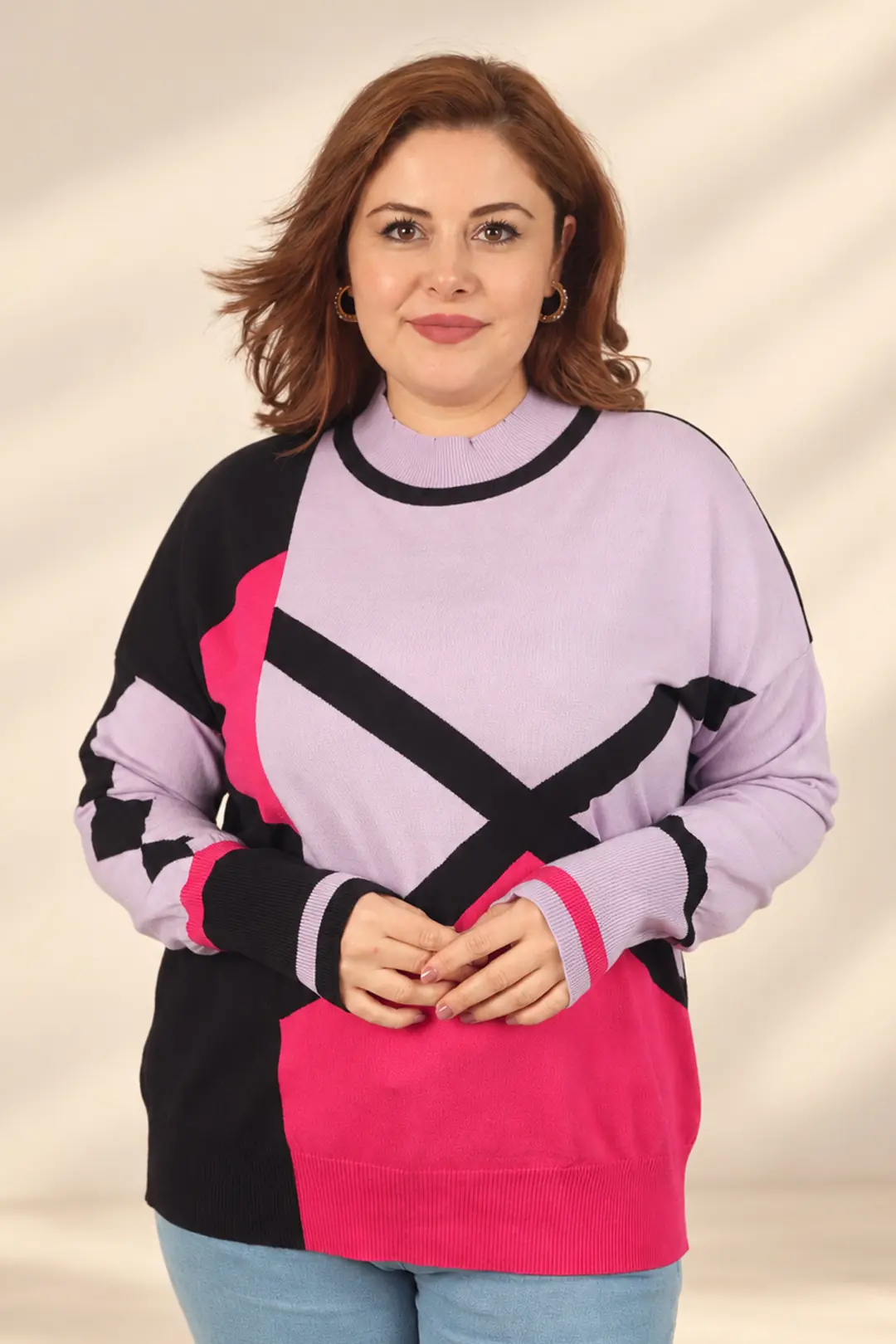 Kadın Geometrik Desen Renk Bloklu Büyük Beden Viskon Triko Bluz 3