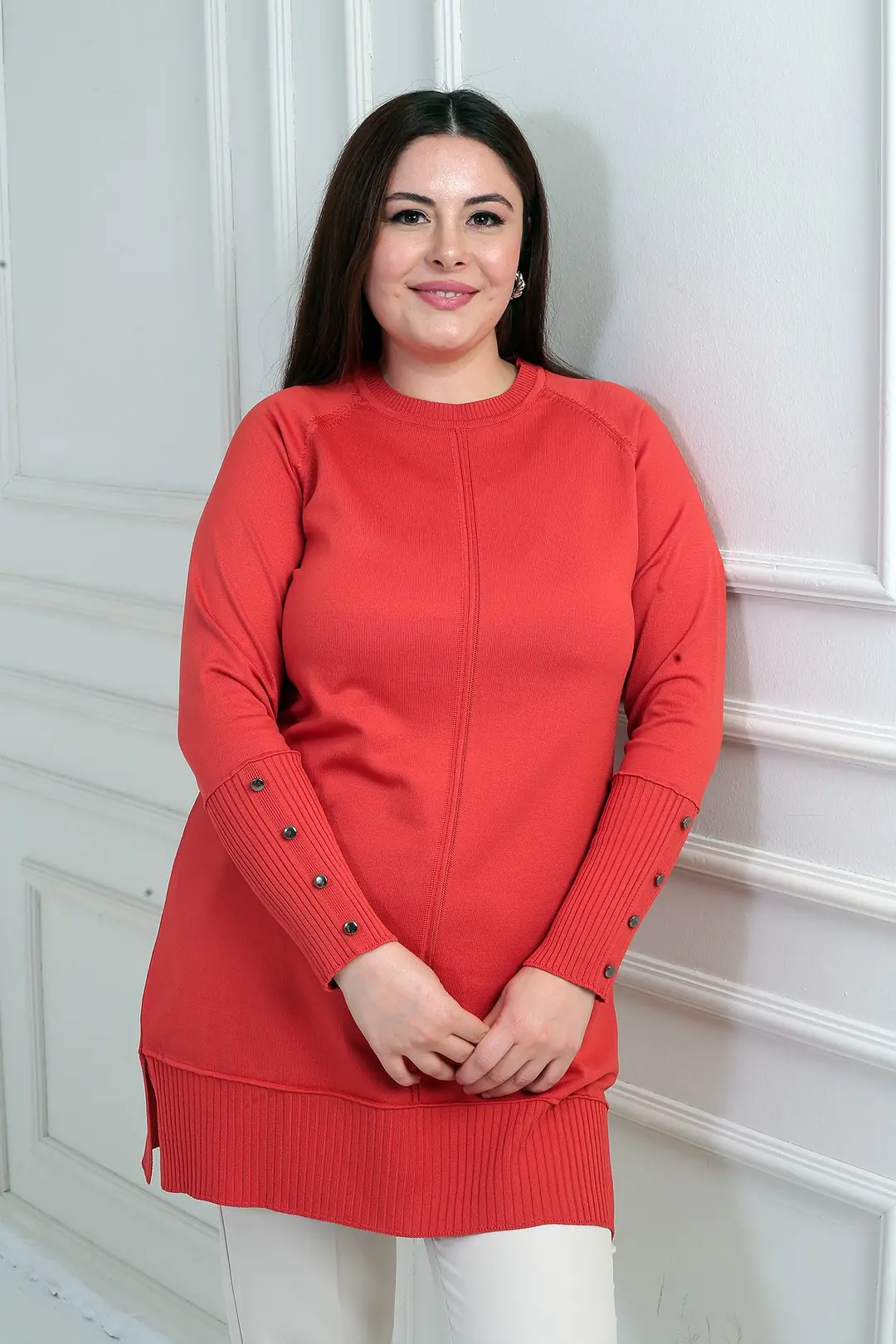 Kadın Kolları Düğmeli Soğuk İplik Büyük Beden Tunik Bluz 3