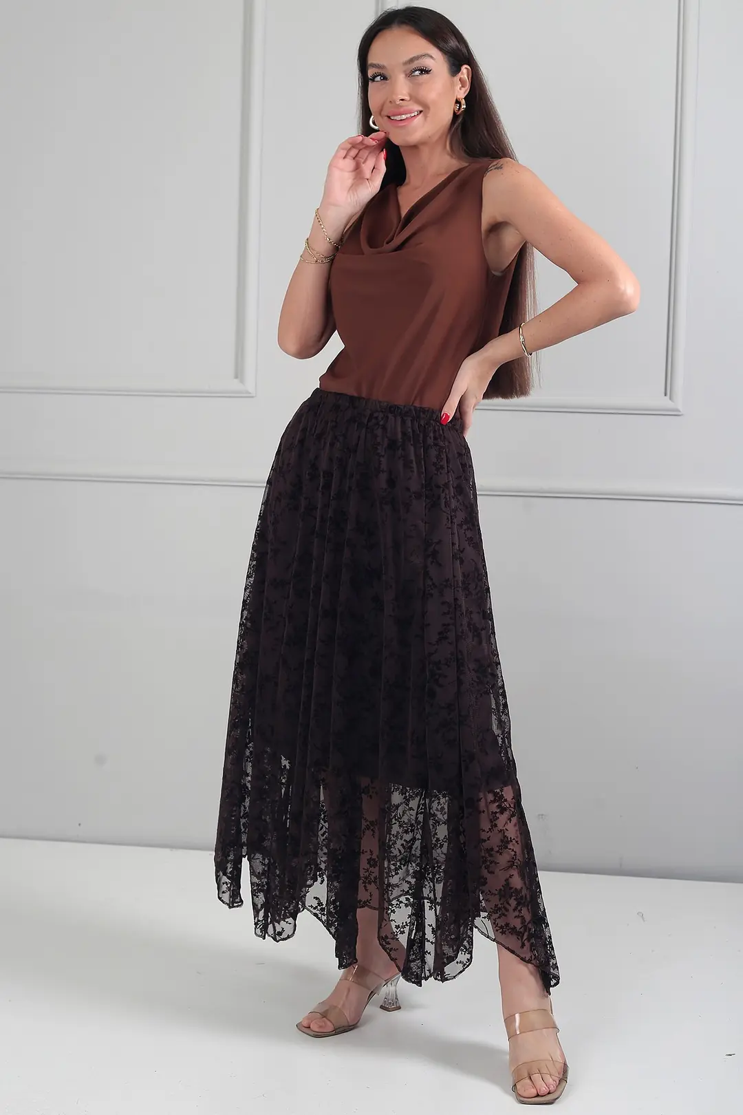 Kadın Beli Lastikli Astarlı Flok Baskılı Uzun Asimetrik Etek 3