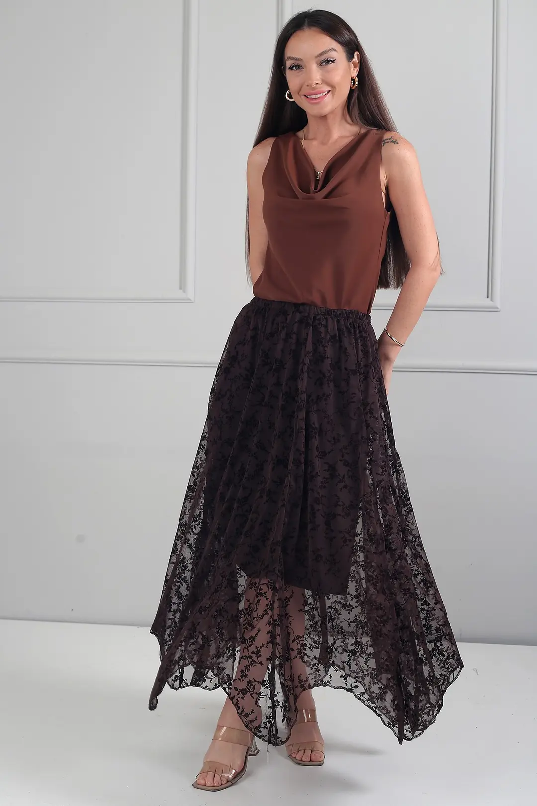 Kadın Beli Lastikli Astarlı Flok Baskılı Uzun Asimetrik Etek - Kahve