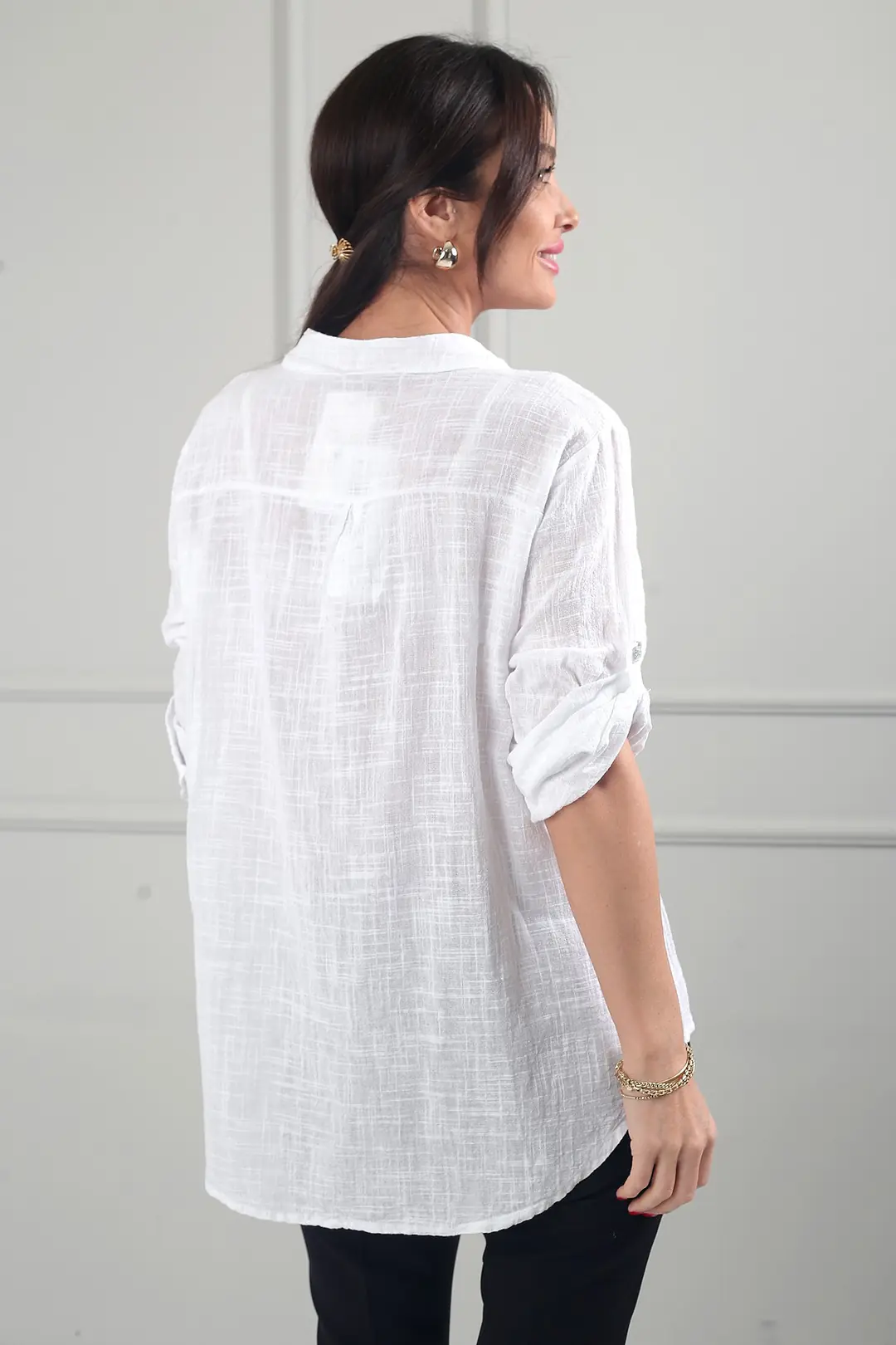 Kadın Pul Detaylı Tek Cepli Oversize İthal Keten Gömlek 4