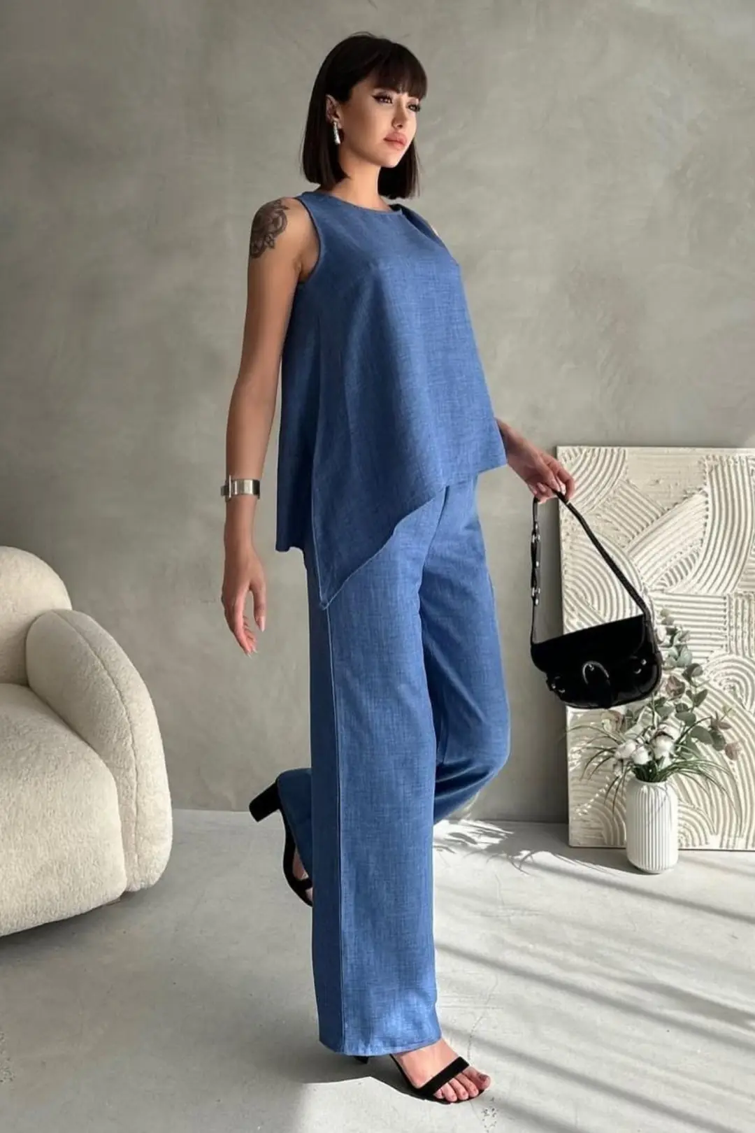 Kadın  Toka Detaylı Eteği Asimetrik Bluz Beli Lastikli Cepli Palazzo Pantolon Keten 2'li Takım - İNDİGO