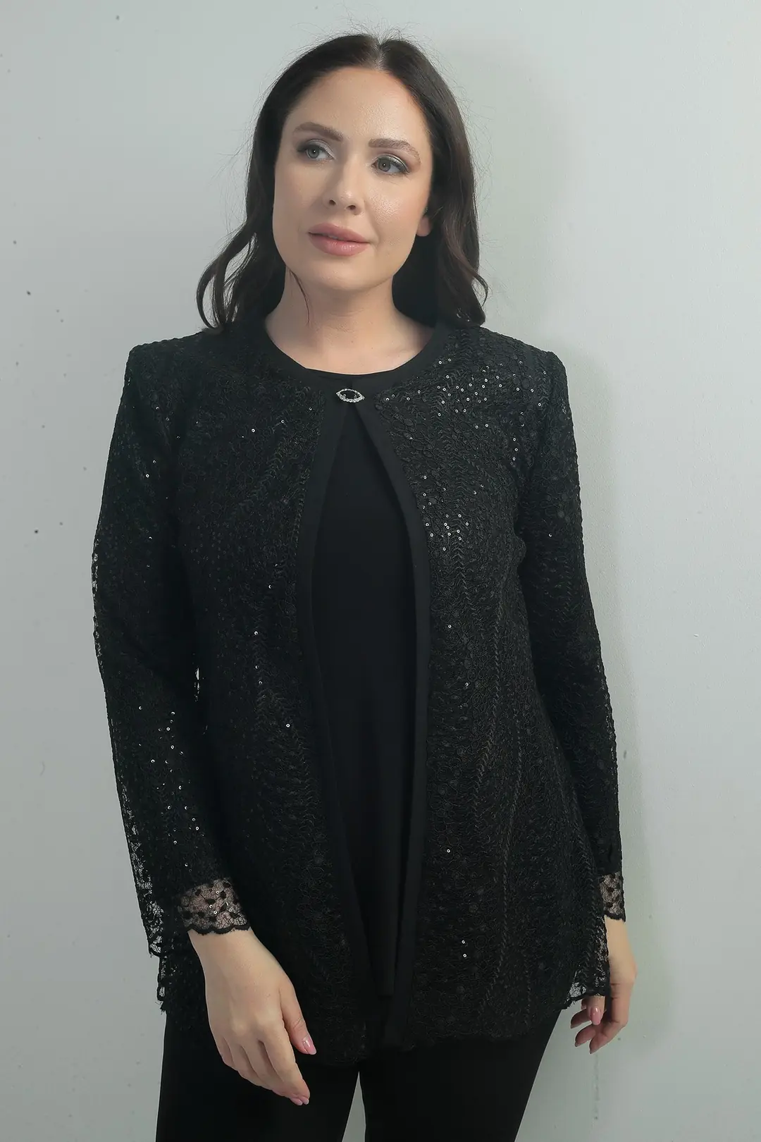 Kadın Uzun Kollu Bluz Pul İşlemeli Dantel Ceket Büyük Beden 2'li Takım 3
