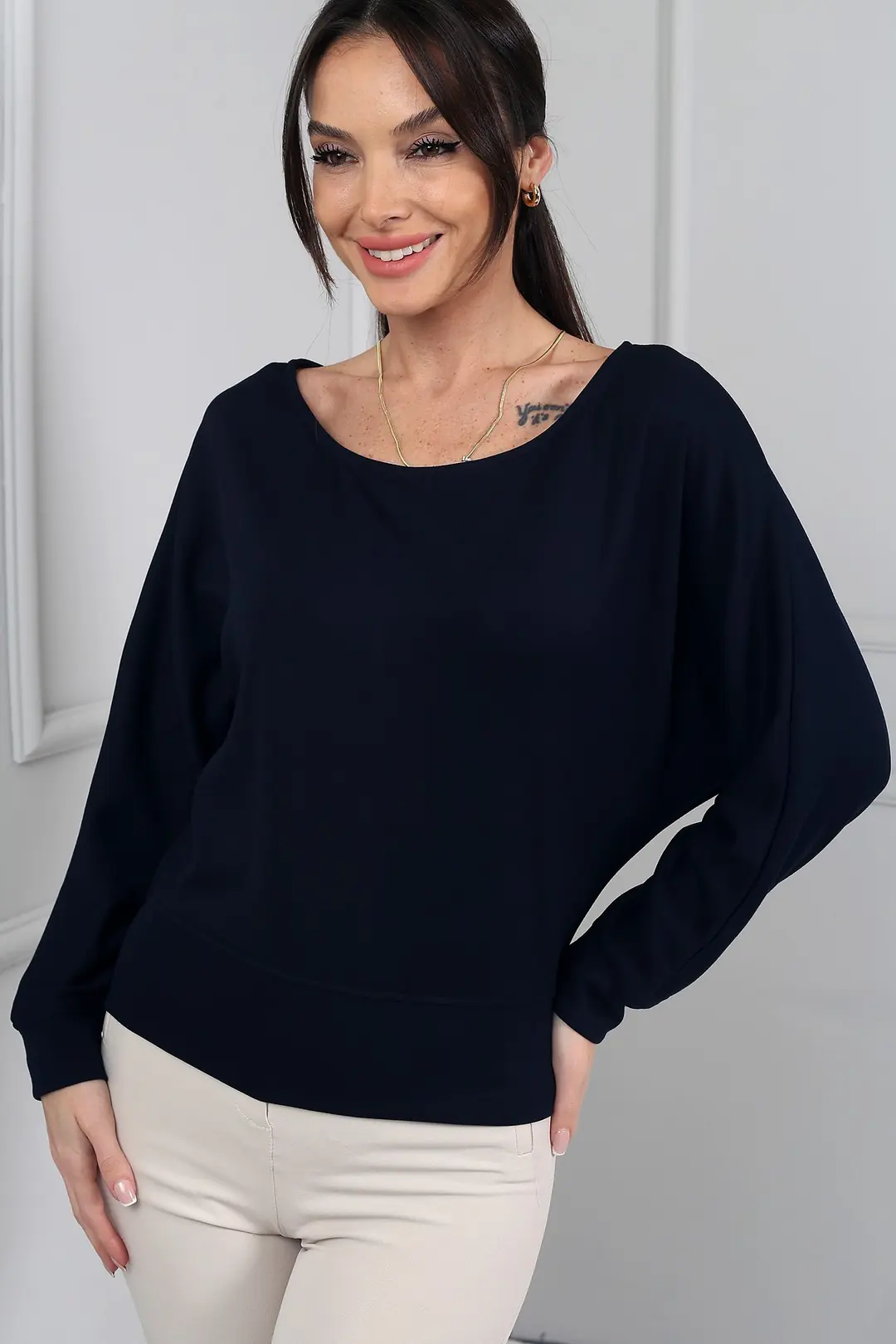 Kadın Kayık Yaka Uzun Yarasa Kollu Modal Sweat - Lacivert