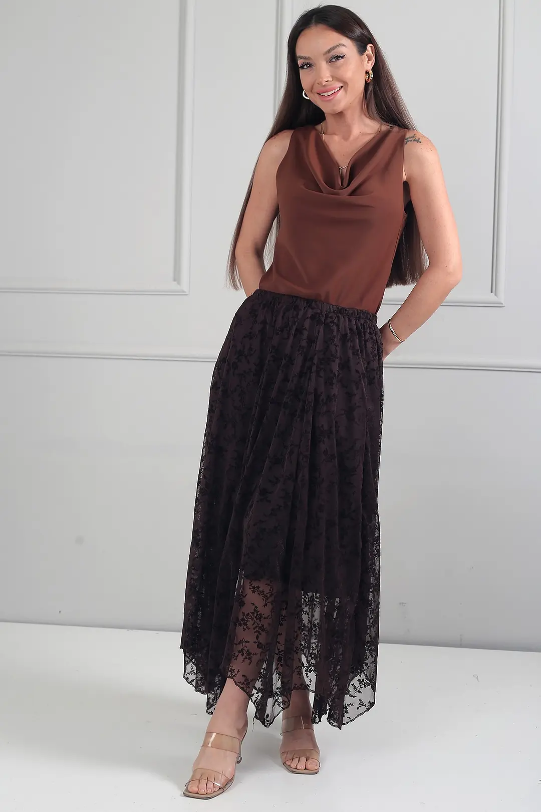 Kadın Beli Lastikli Astarlı Flok Baskılı Uzun Asimetrik Etek 2