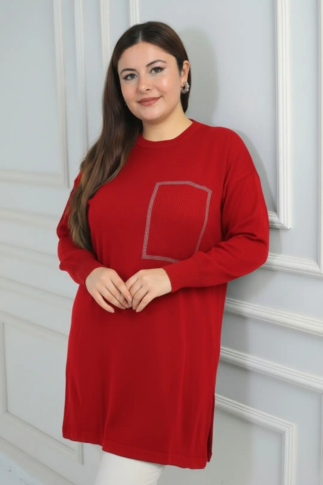 Kadın Önü Tek Cepli Taş Baskı Detaylı Büyük Beden TrikoTunik Bluz - Mercan