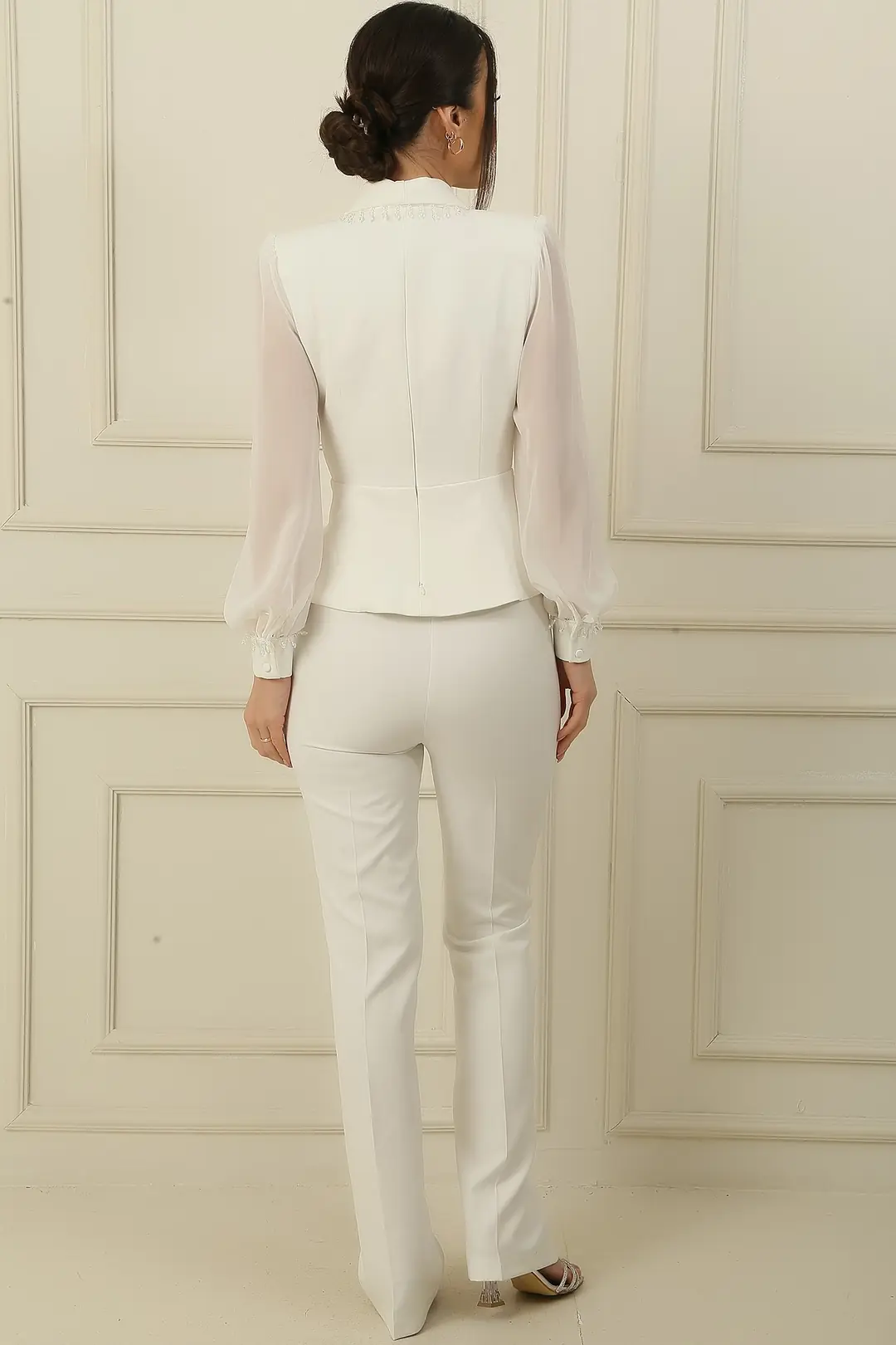 Kruvaze Yaka Astarlı Kolları Şifon Boncuk Detaylı Ceket Beli Lastikli Pantolon 2'li Takım 4
