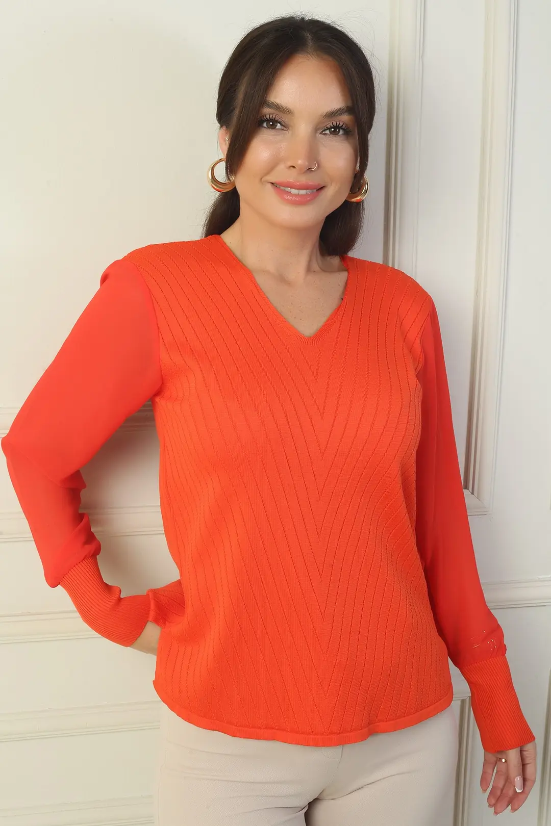 Kadın Kolları Şifon V Yaka Kazak 2