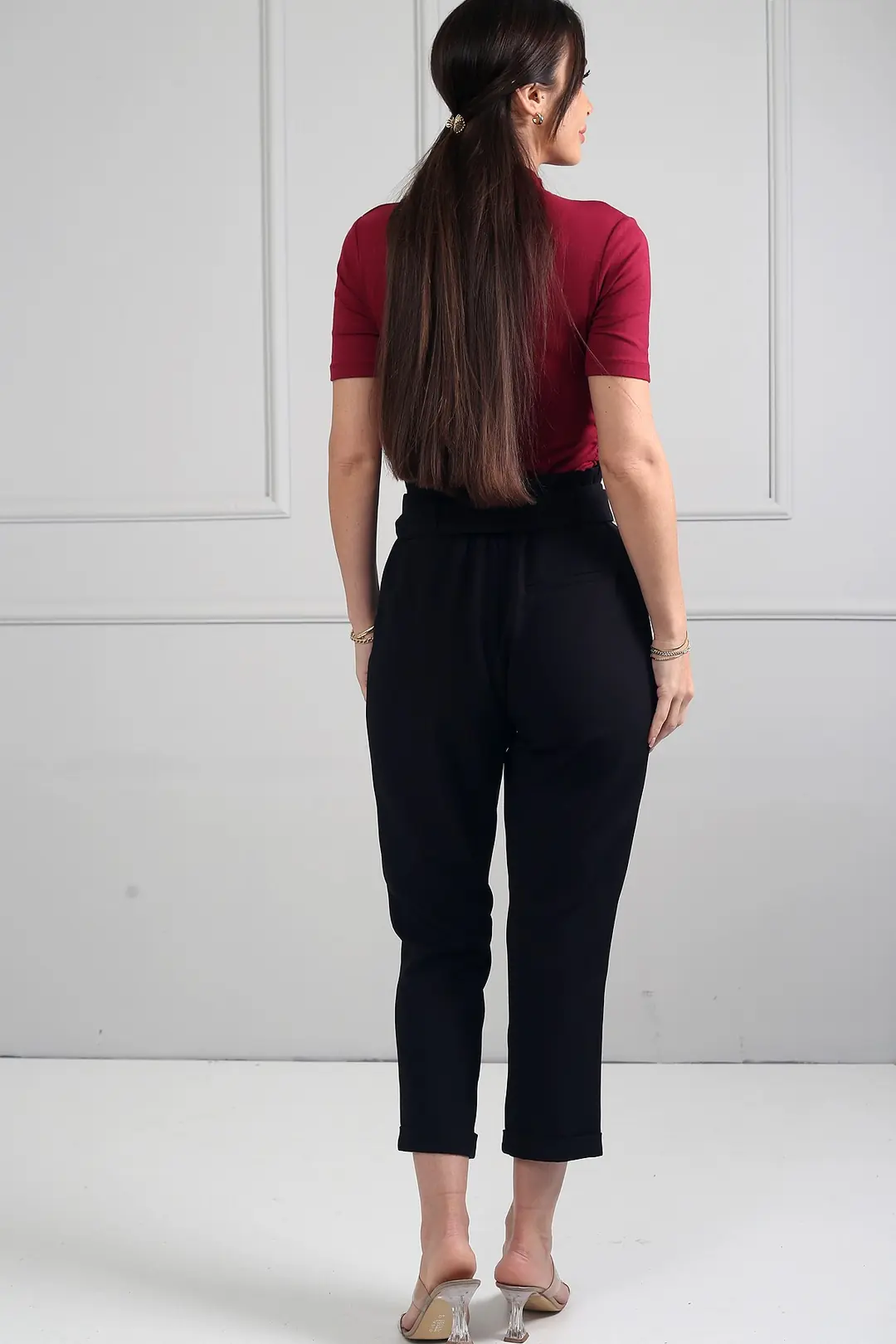 Kadın Beli Lastikli Kuşaklı Cepli Duble Paça Pileli Pantolon 4