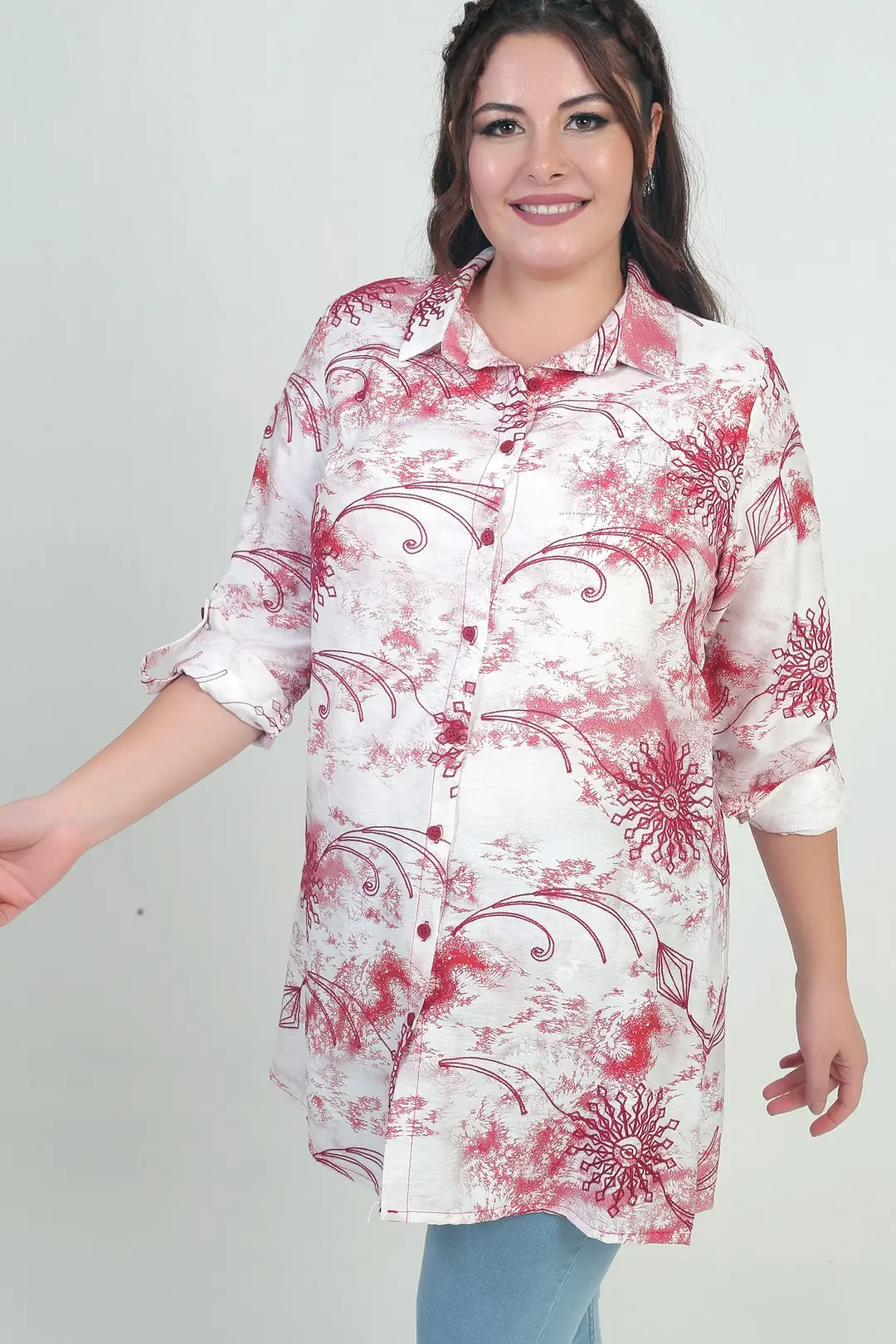 Kadın Kol Katlamalı Batik Desenli Büyük Beden Uzun Gömlek - Kırmızı