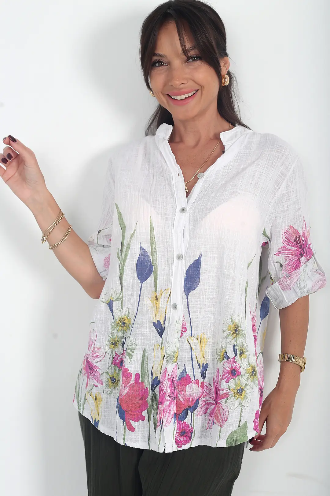 Kadın İtalyan Etek Uçları Ve Kolları Büyük Çiçekli Oversize Cotton Gömlek 3